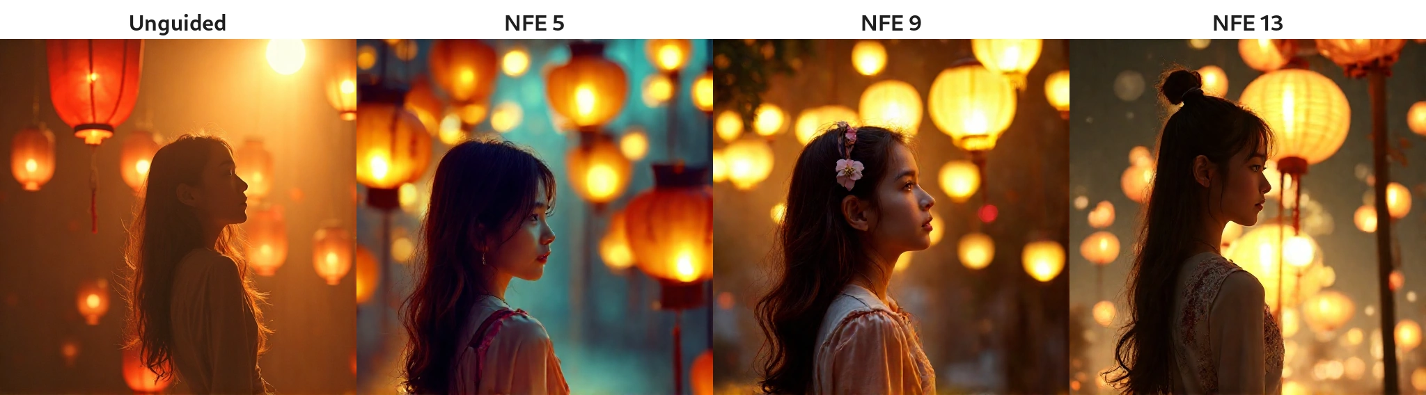 Girl under floating lanterns